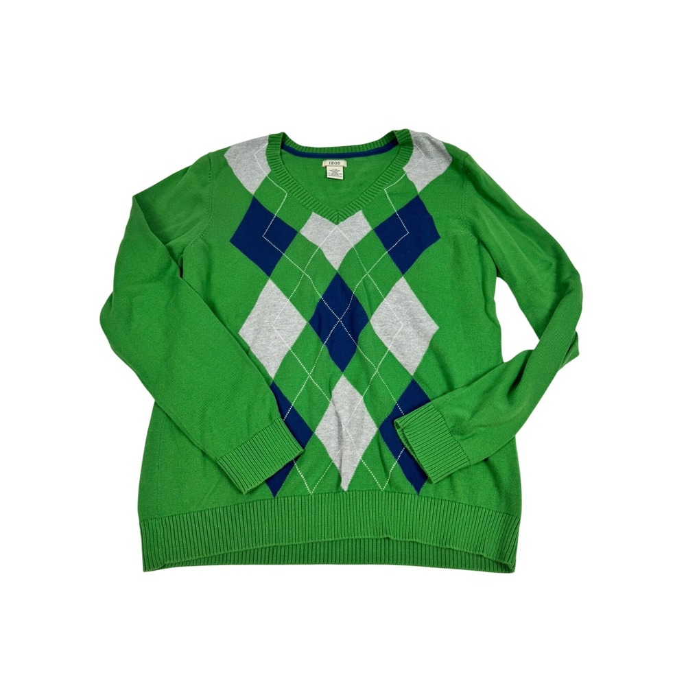 IZOD Mens Green Argyle V-Neck Sweater 100% Cotton Large L/G